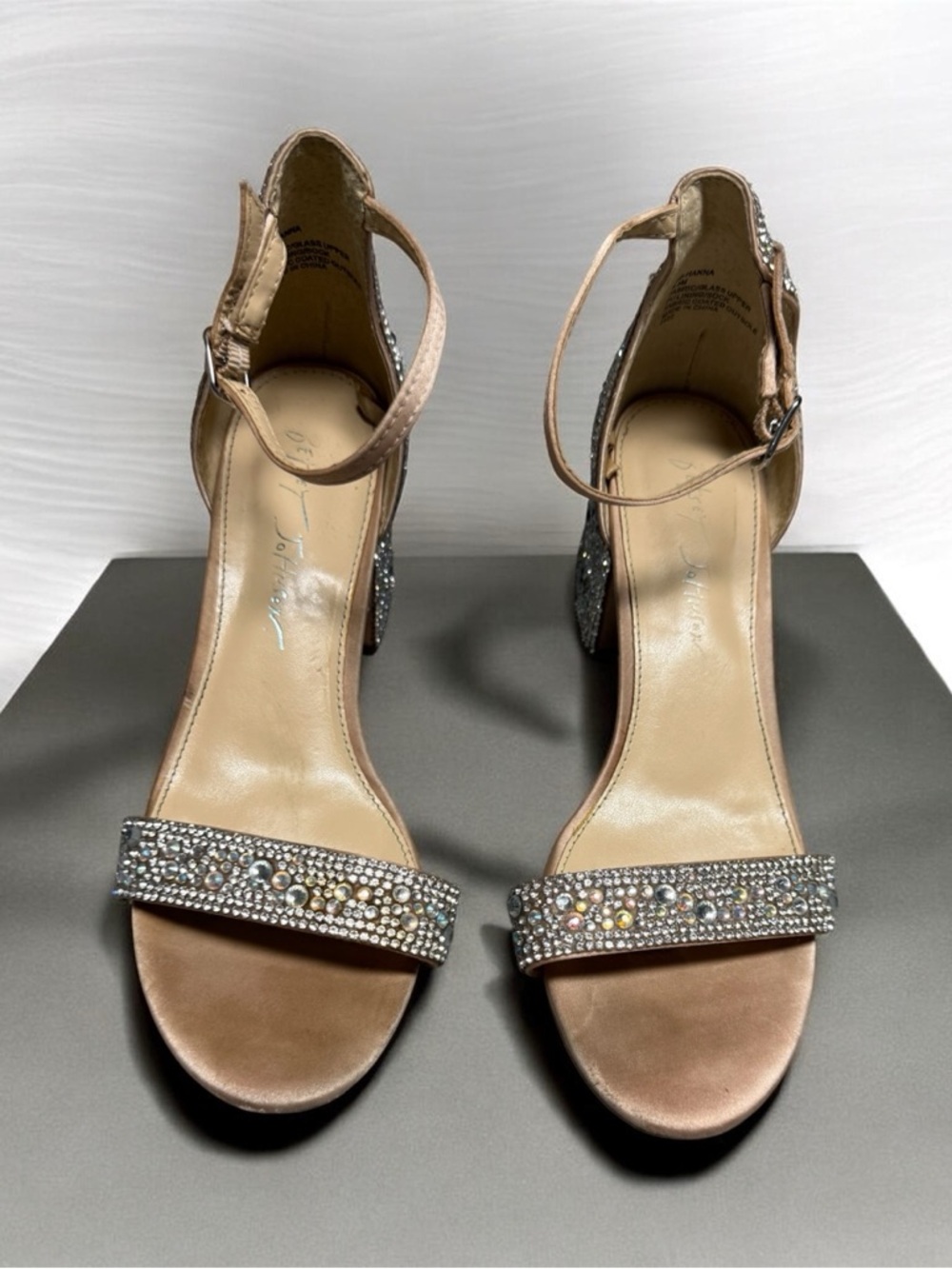 Women's Crystal Ankle-Strap Block Heel Sandals - Nude